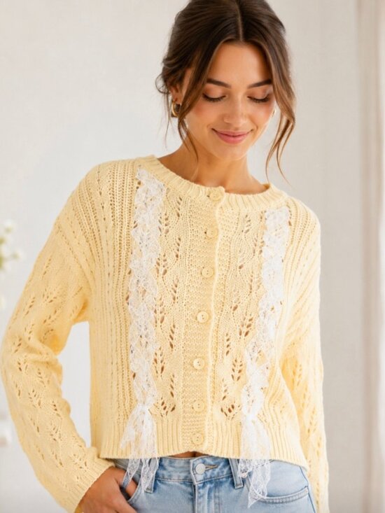 Pretty Garbage Sweaters - NWT Pretty Garbage Lace Up Pointelle Cardigan Sweater Yellow Cottagecore Small